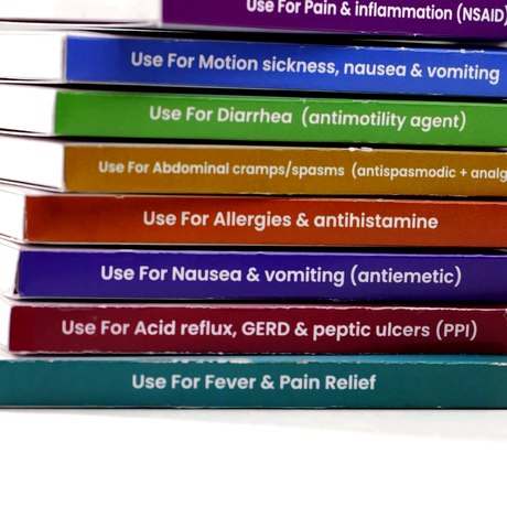 Colour-coded medicine sleeves, each labelled by use