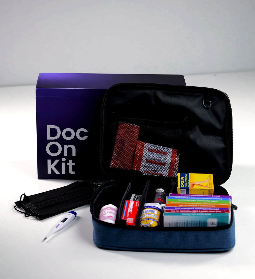 DocOnKit kit opened, showing contents arranged in labelled compartments